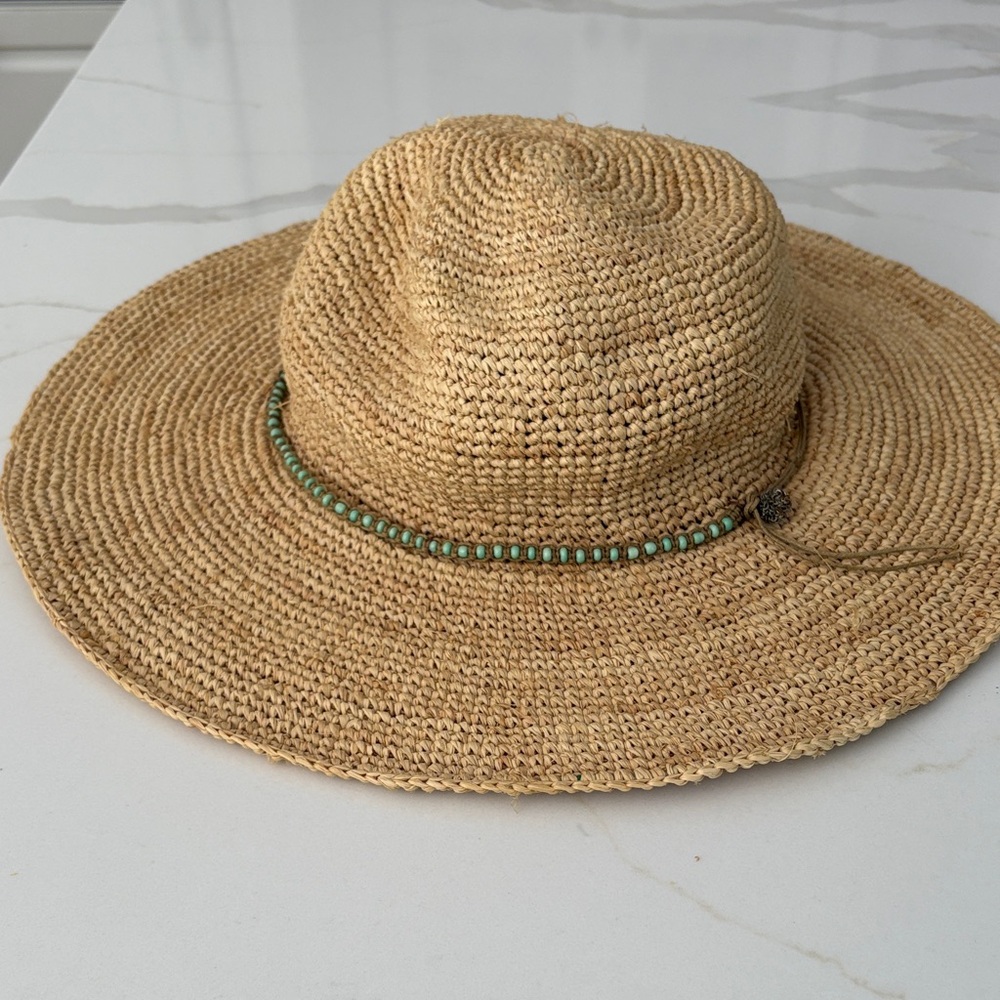 Athleta Natural Straw Sun Hat with Turquoise Bead Band